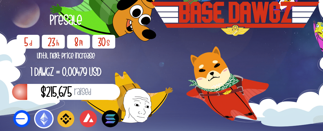 PEPE is up 220% in three weeks. However, investors are all tracking a new meme coin, Base Dawgz. Over $215,000 raised in less than 36 hours
