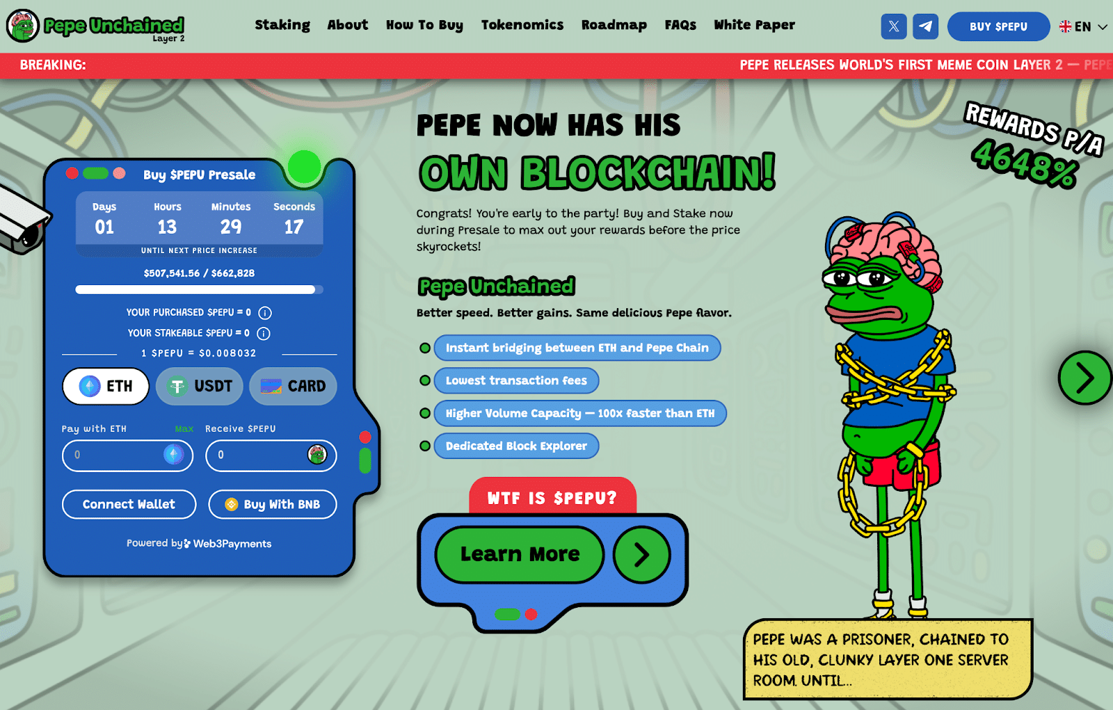 A faster, more powerful Pepe – Pepe Unchained ($PEPU) – has been unleashed and, in a flash, has just raised $511,000 in its ongoing presale.