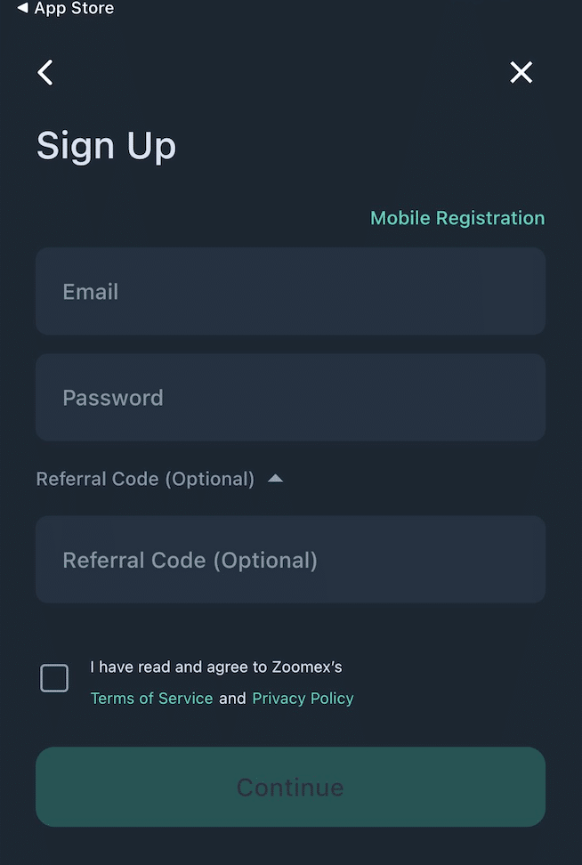 SIgn Up Page on Zoomex Mobile