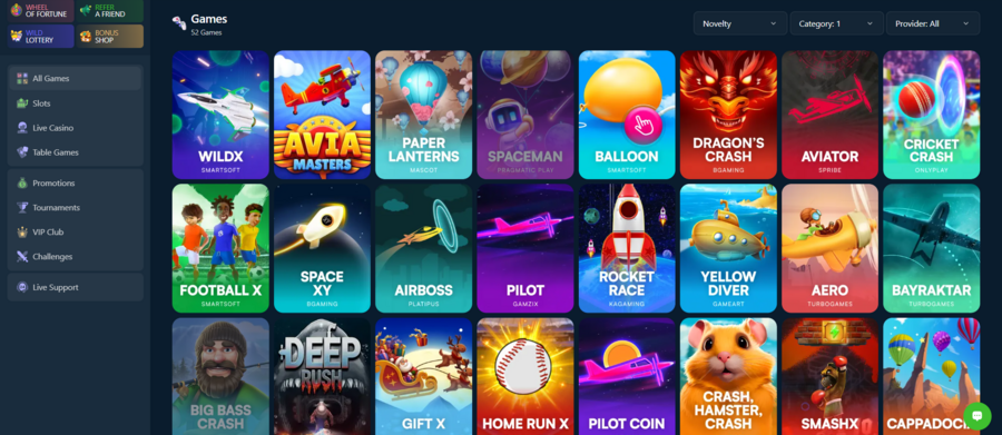 Page displaying the selection of crash games at Wild.io