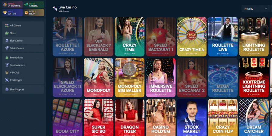 The Live Casino page, showing some of the live dealer portfolio at Wild.io Casino