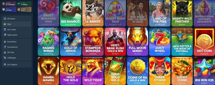 Wild.io’s portfolio of online slot games divided into provider-based categories