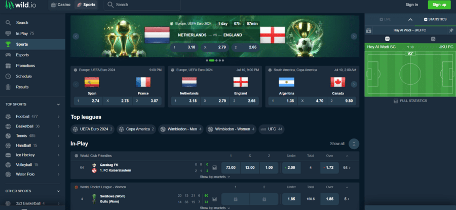 Sports betting section at Wild.io, featuring popular upcoming events and in-play betting options