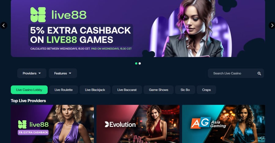 Betpanda gives all players a chance to grab a 5% extra cashback on all live casino games provided by Live88.