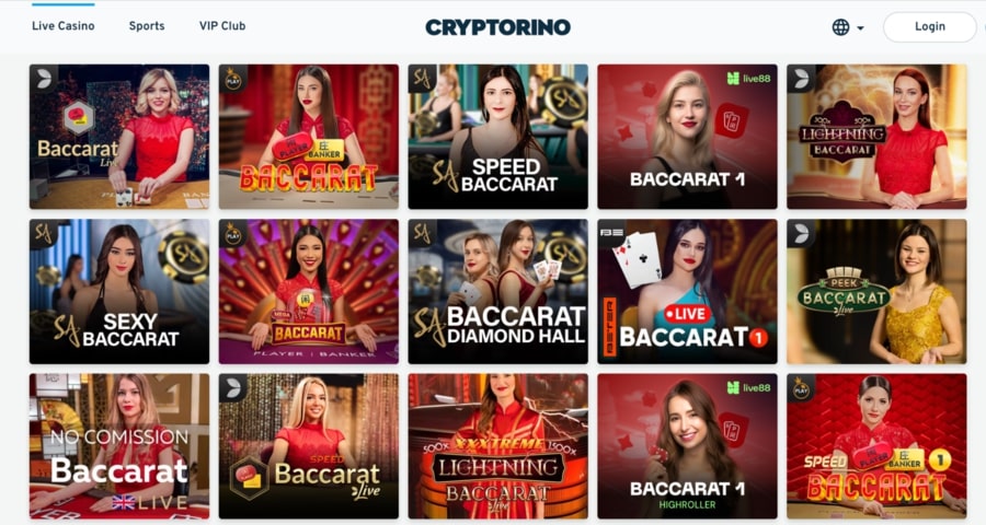 The live baccarat page at Cryptorino Casino.