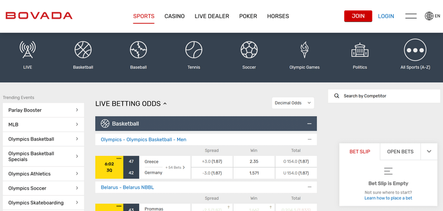 The Bovada sports homepage with clear options for easy betting 