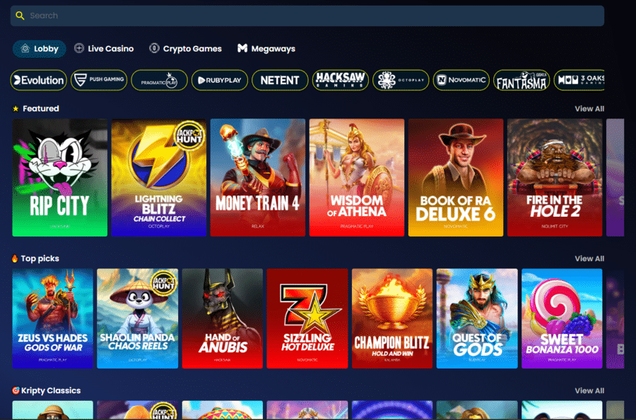 Part of the Kripty Casino game library, with the featured releases at the top