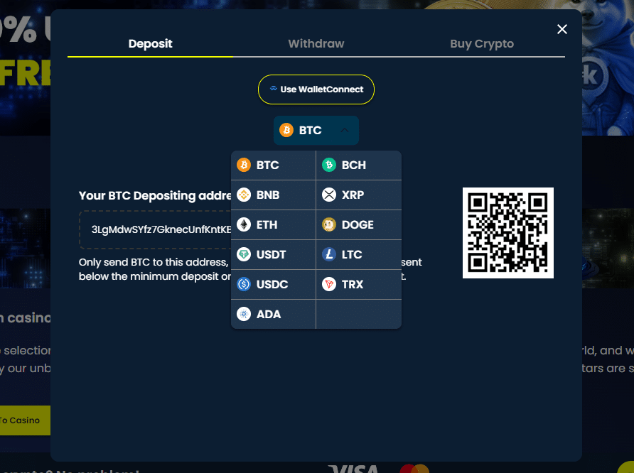 Overview of supported cryptocurrencies in the Kripty Casino Wallet section