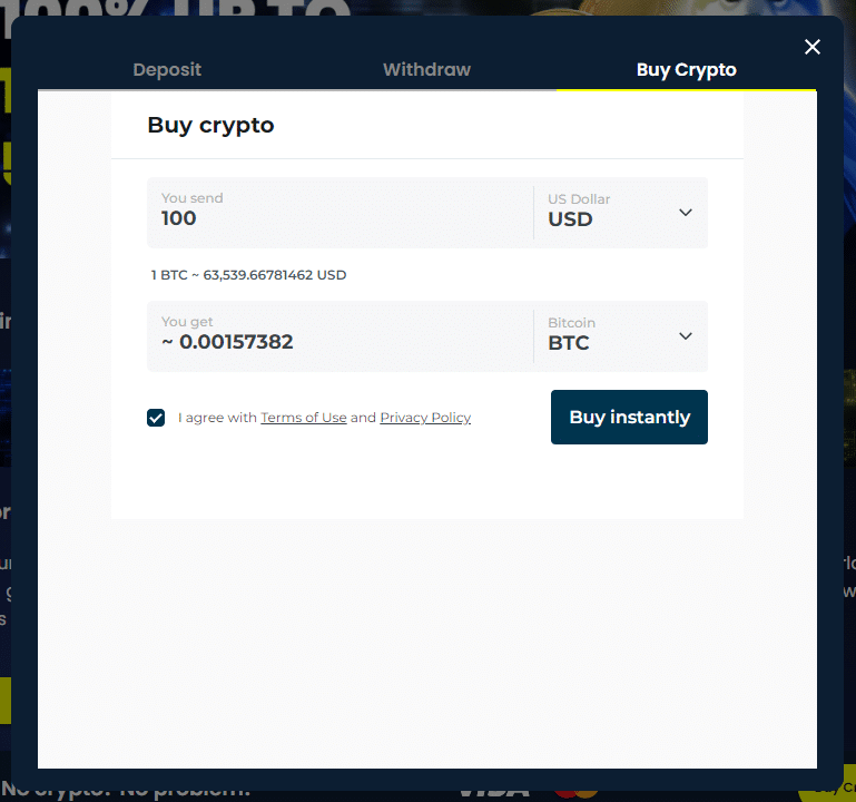 The crypto purchasing option in the Wallet section of Kripty casino