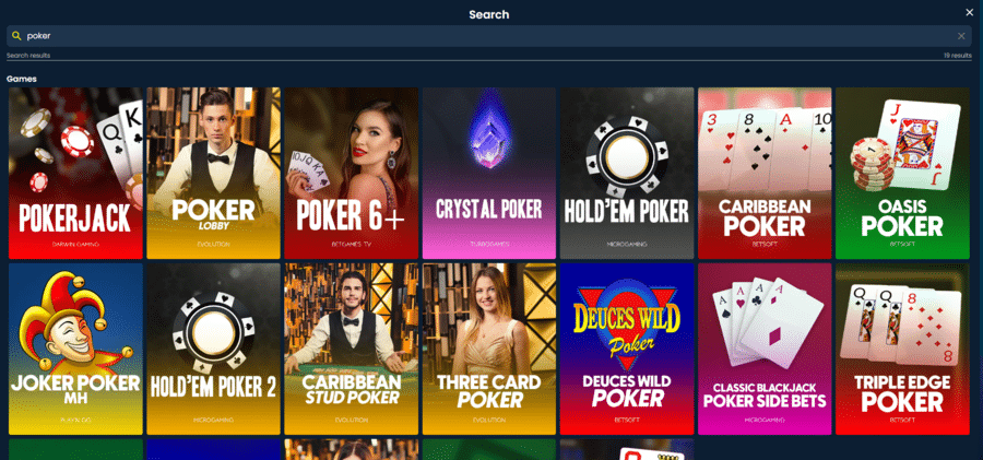 Most of the available poker games on Kripty, as seen through the Search function