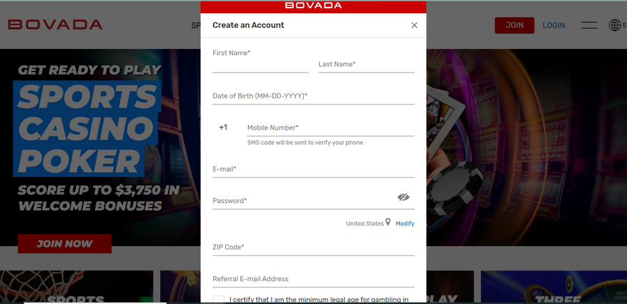 Enter your full name, date of birth, mobile number, e-mail address, zip code and choose a password for Bovada.