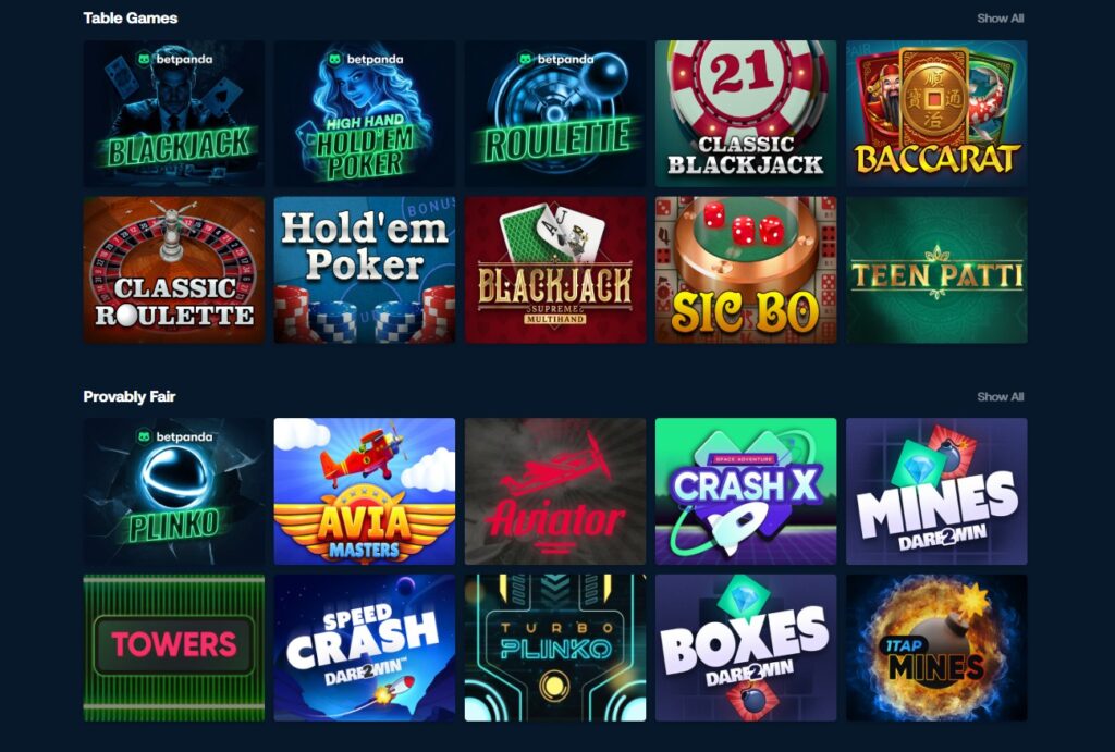 Betpanda Table Games and Provably Fair Games