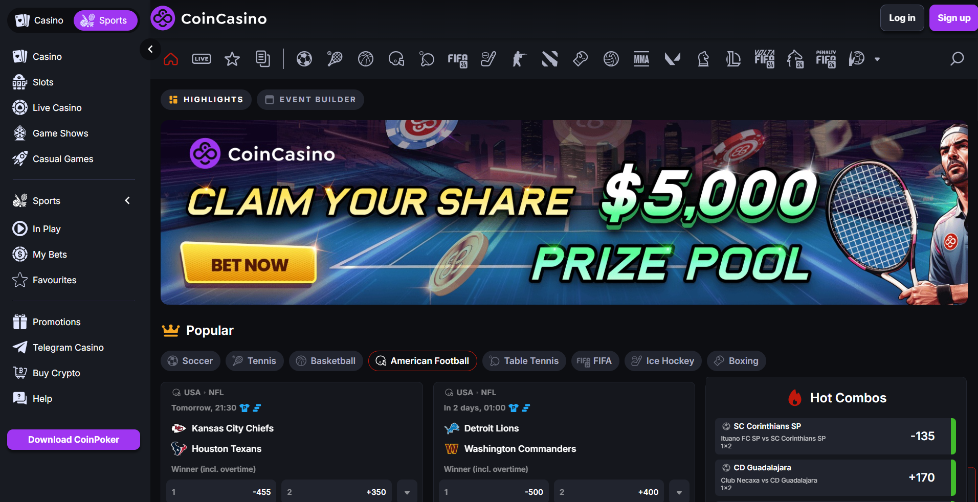 Bet on the world's most popular sports at CoinCasino