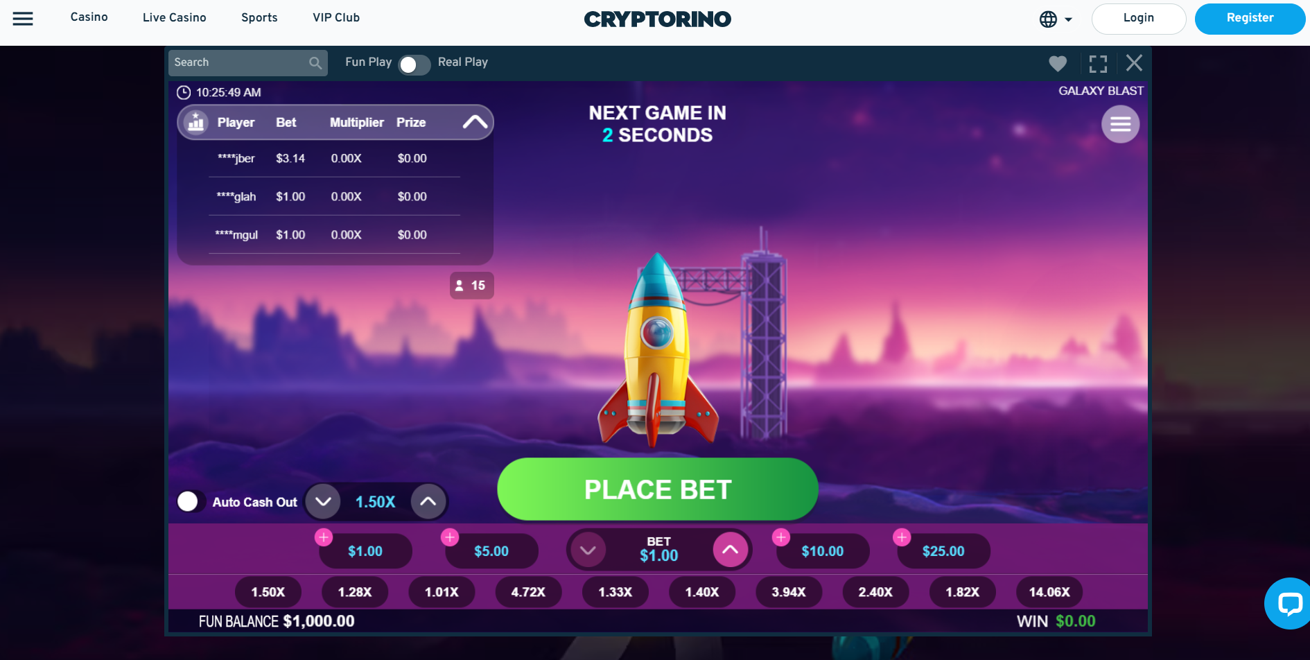 Play the Galaxy Blast crash game (RTG Slots) at Cryptorino Casino