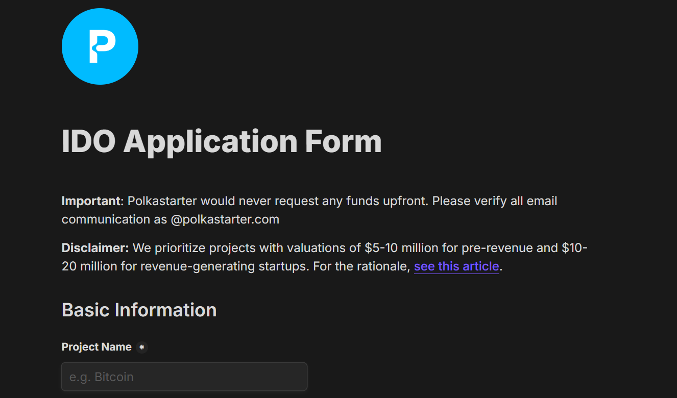 Polkastarter IDO form