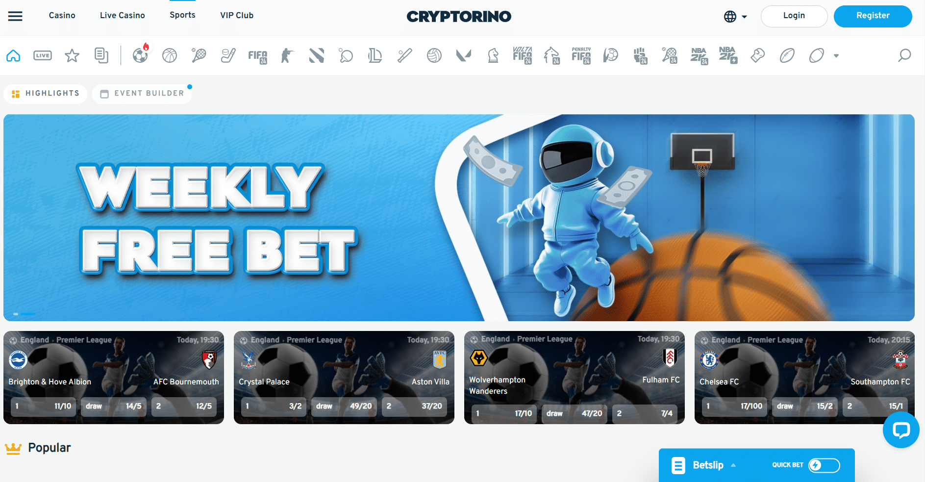 Place bets on the Cryptorino Sportsbook