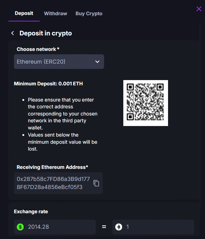 Deposit and withdraw using Ethereum (ETH) at CoinCasino