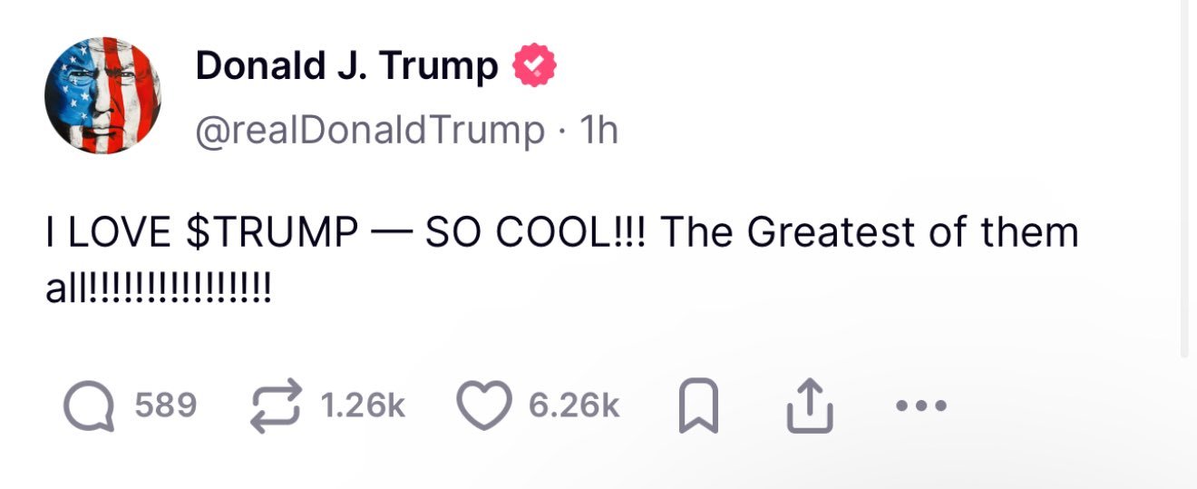 Trump shilling Official $Trump coin on Truth Social