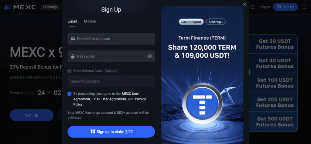 MEXC x 99Bitcoins Offer Signup