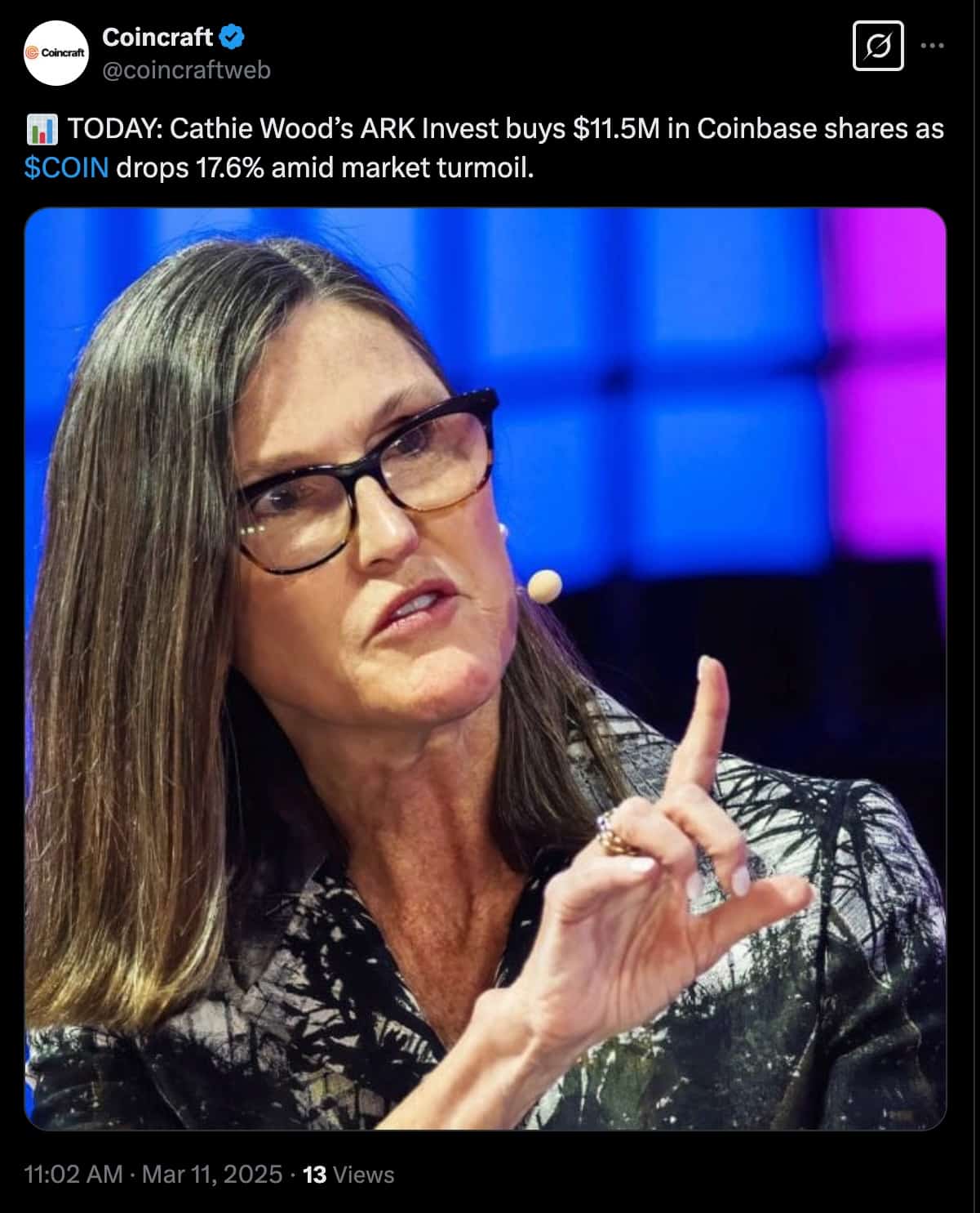 Cathie Wood and her Ark investment firm continue to buy Coinbase stock, latest purchase takes holdings to over $28 million