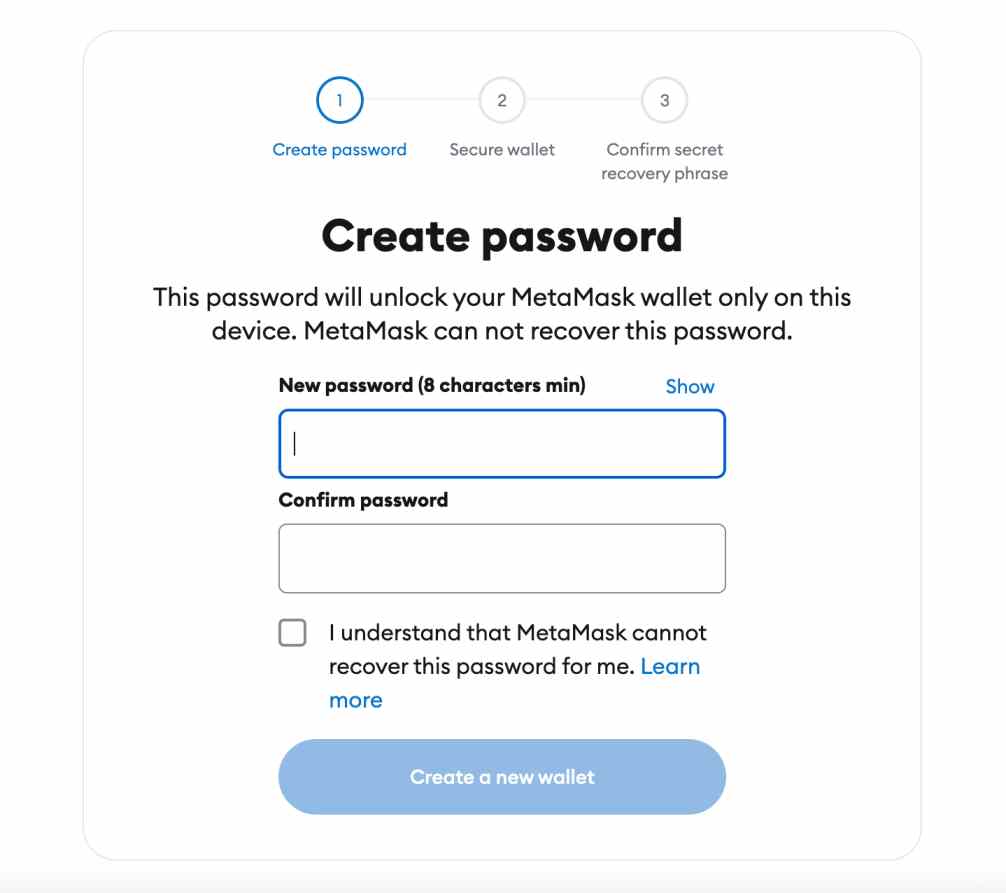 MetaMask create password and security 
