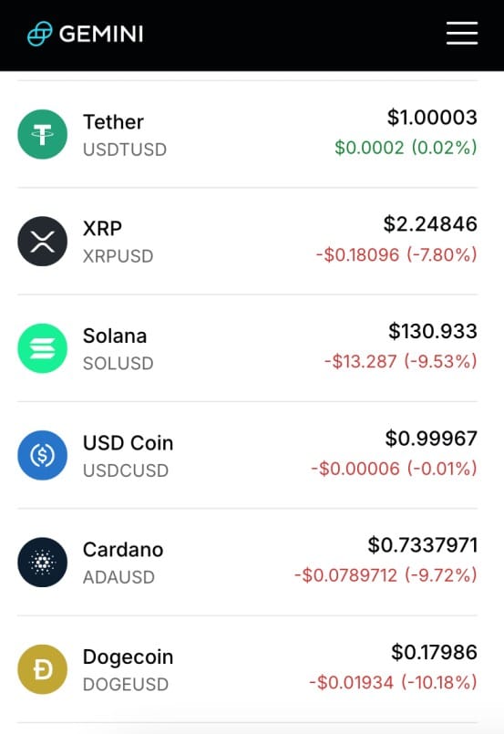 Gemini wallet app - selection of coins