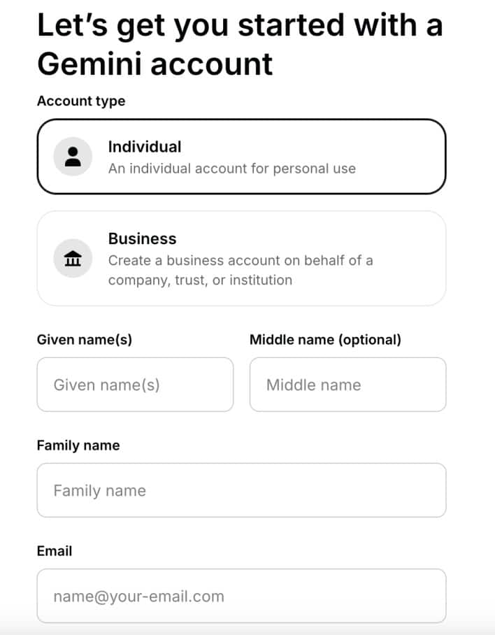 Gemini wallet open account