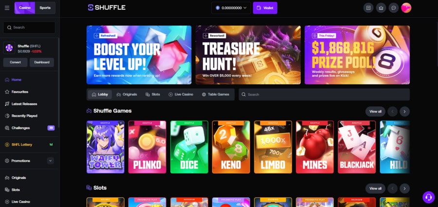 Shuffle Casino homepage with a logged-in account. 