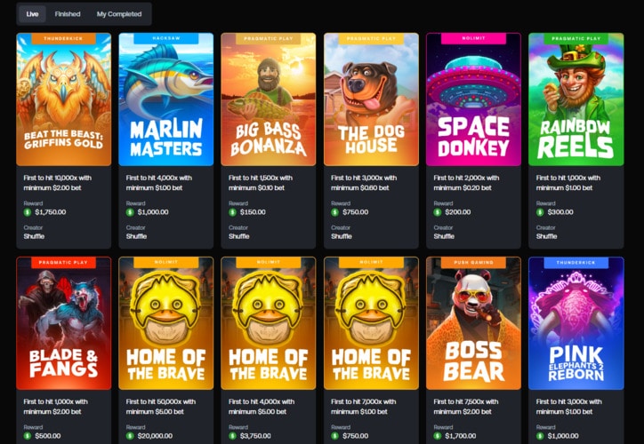 Complete slot challenges at Shuffle Casino to win cash prizes. 