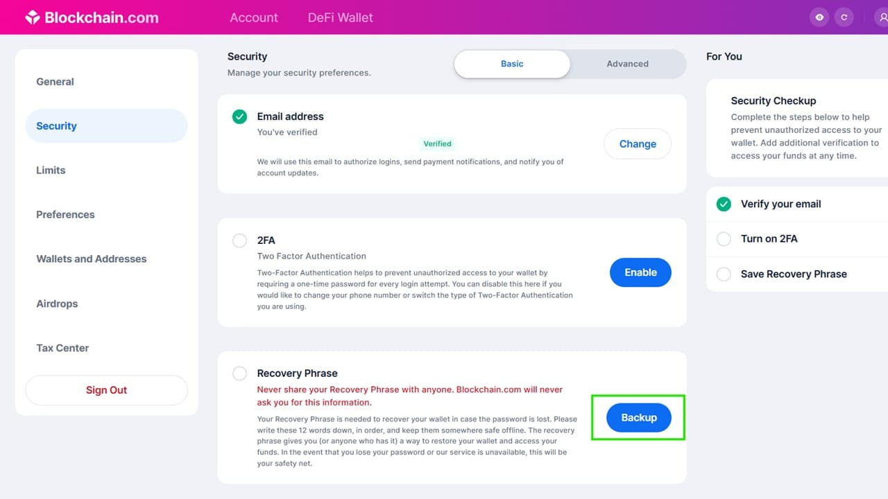 Blockchain Wallet recovery phrase