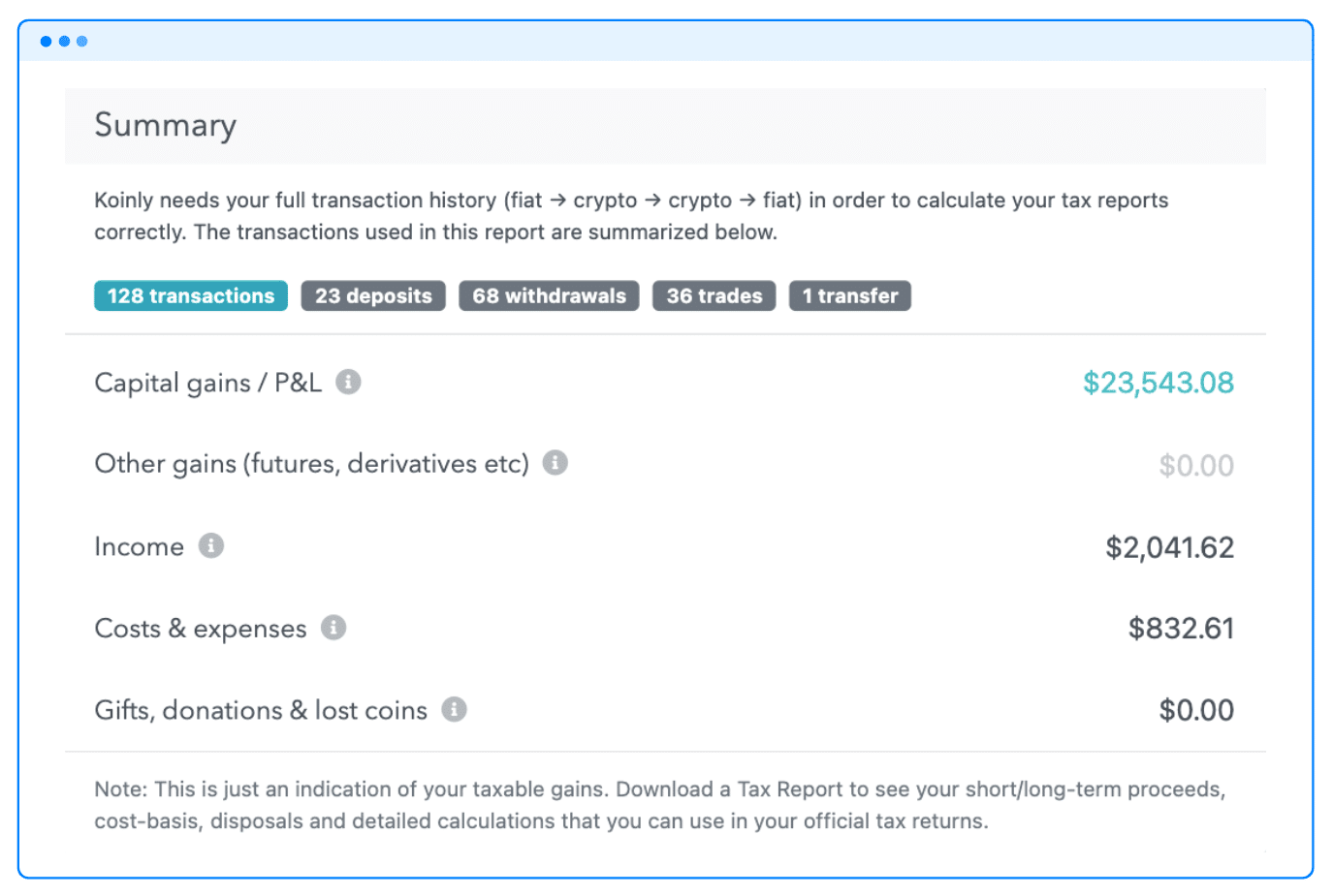 koinly offers you a summary of your tax position