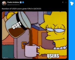 Amid growing economic volatility, Tether marks a 13% rise in Q1 user base with a viral Simpsons meme post.