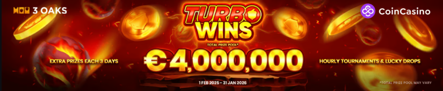 Enter the Turbo Wins slot tournament by 3 Oaks Gaming at CoinCasino