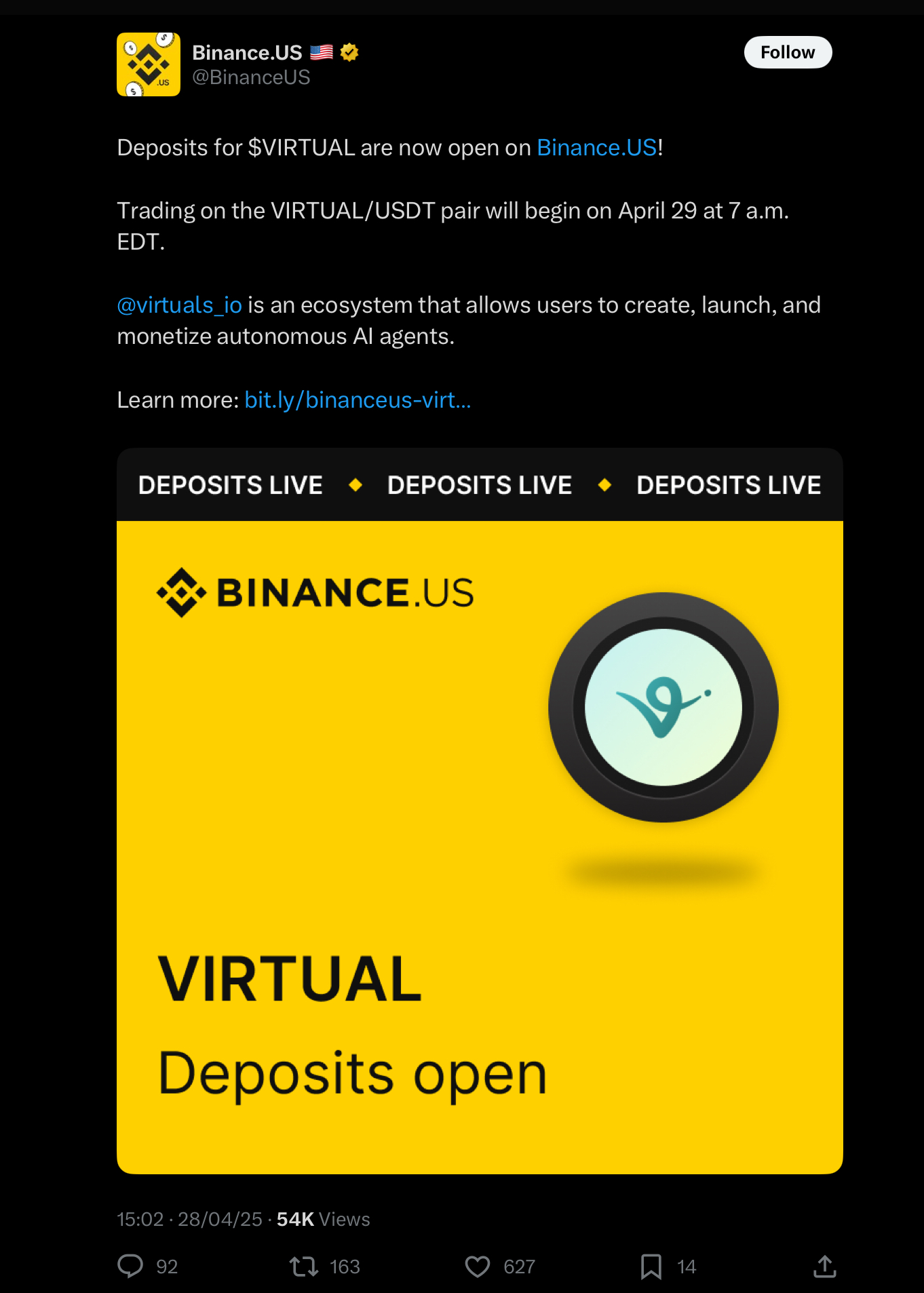 Virtuals protocol on binance US