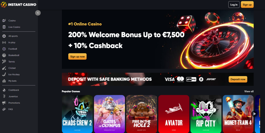 Homepage of Instant Casino with the welcome bonus and cashback at the top