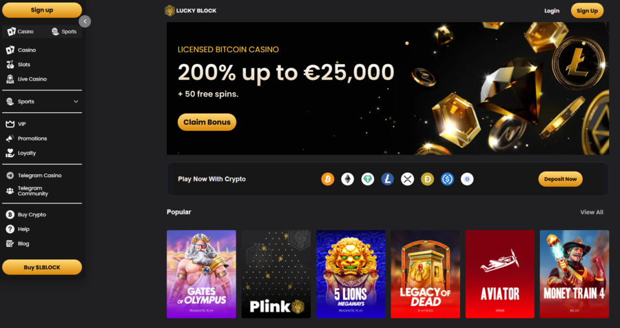 Homepage of Lucky Block Casino, showing its welcome bonus and crypto deposit options