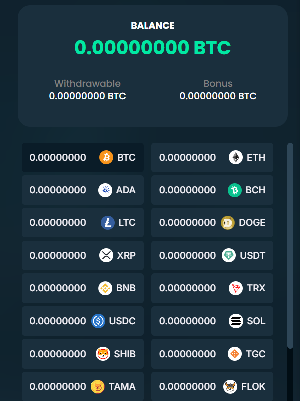 Deposit and withdraw with over 20 cryptos at Mega Dice casino