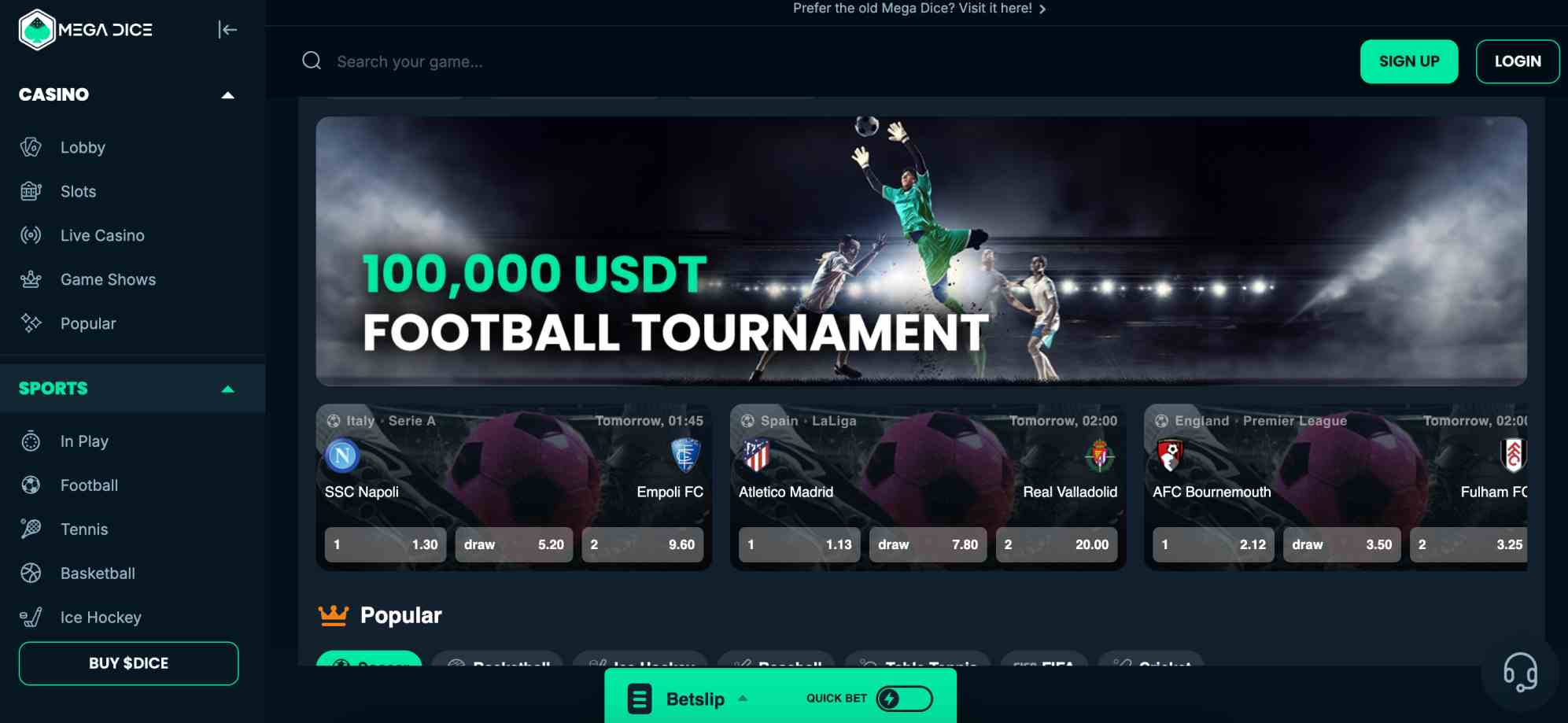 Mega Dice crypto sports betting 