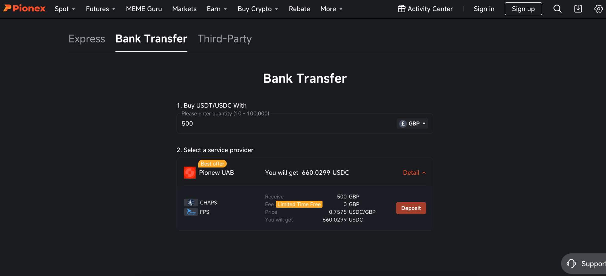 Pionex fiat payments 