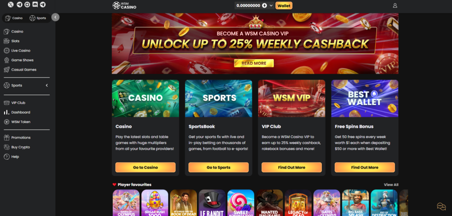 WSM Casino offers up to 25% weekly cashback to VIP members