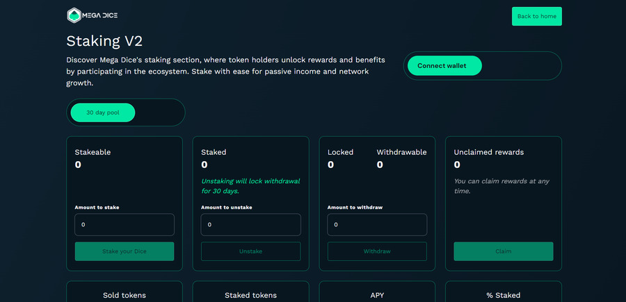 The Mega Dice Staking section adds an extra layer of value, letting you earn passive rewards directly through the platform.