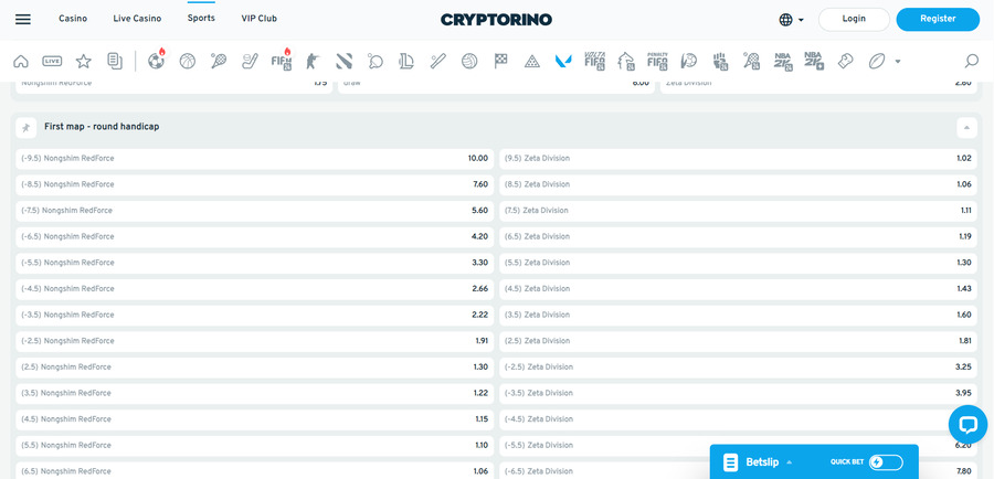 The Cryptorino Sportsbook offers a wide range of alternative lines on popular Valorant betting markets.