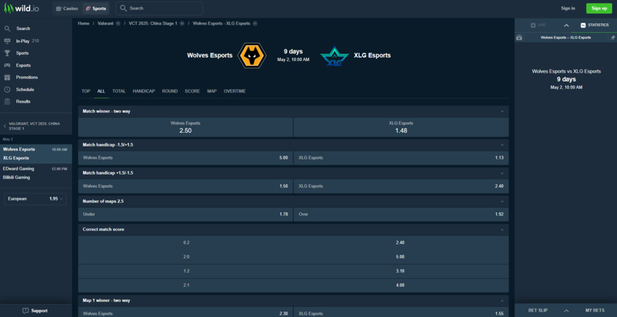 Wild.io Casino features a useful stats tab where you can see key team and player statistics.