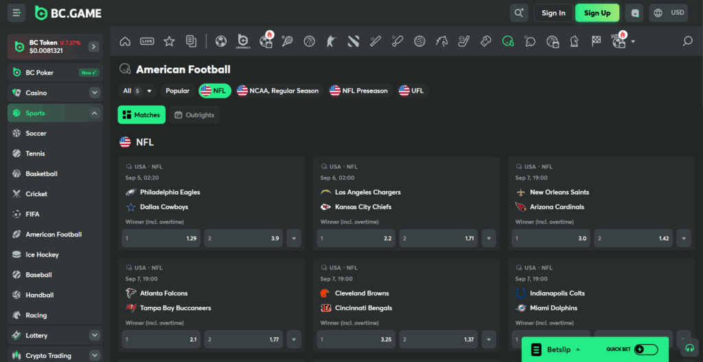 Bet on NFL American Football at BC.Game