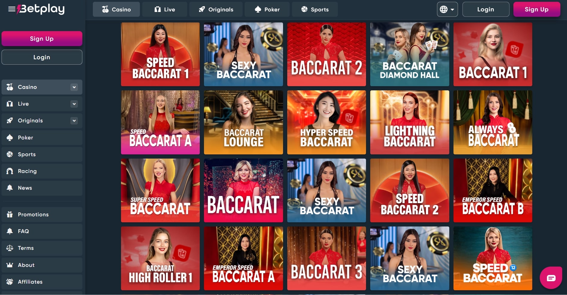 Find a huge selection of baccarat tables at Betplay