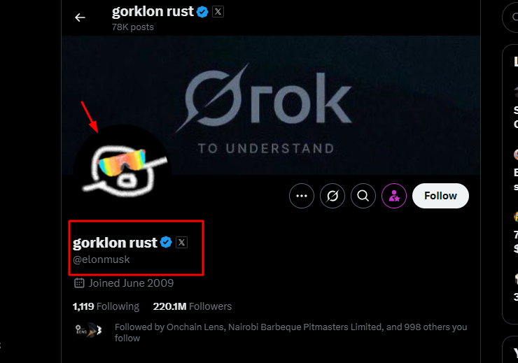 Elon Musk changed his display name on X to “Gorklon Rust,” pumping GORKUSDT prices. Is the X founder behind Gork?