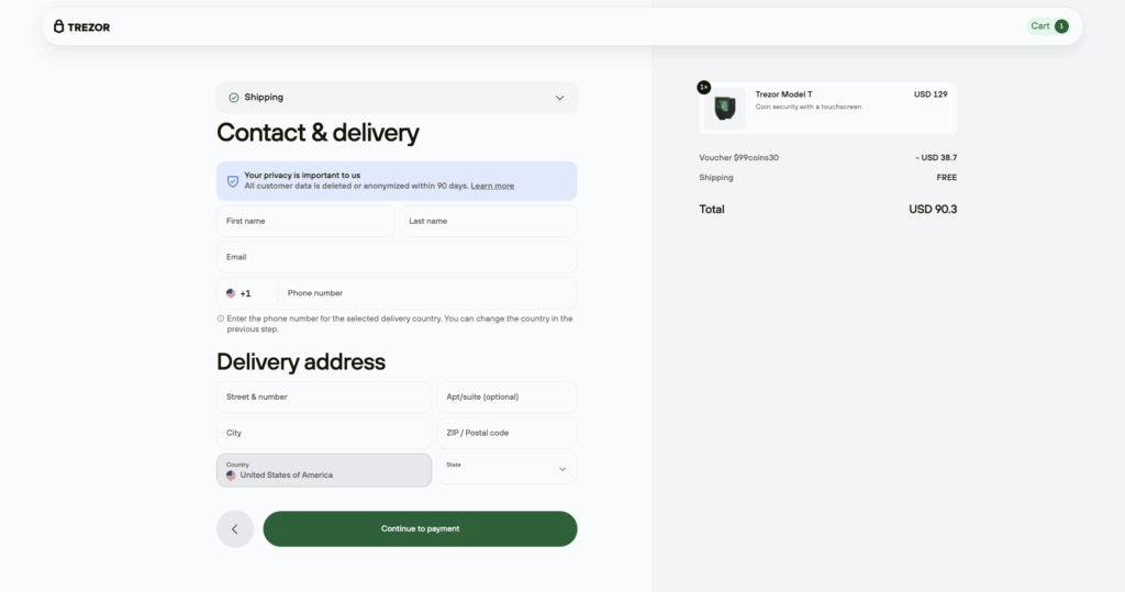 Trezor Shipping Details Page