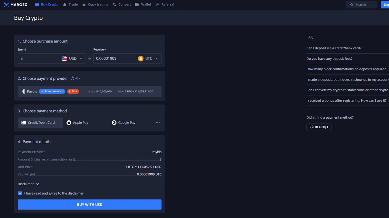Buy BTC with a credit card on Margex