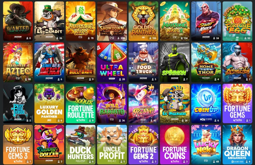 BC.Game slots scherm met diverse spellen