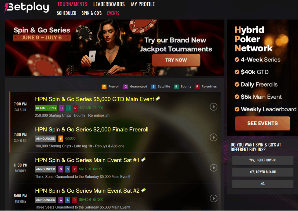 Join poker tournaments at Betplay Casino